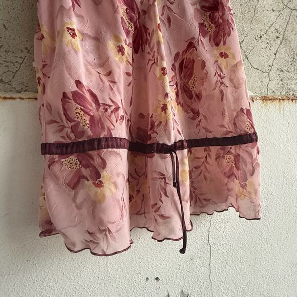 Floral Chiffon Pajama Set Romantic Coquette Loungecore Pink Burgundy Lace XL - Picture 5 of 8